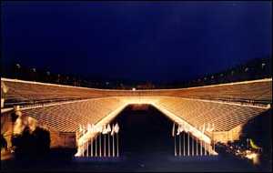 A spectacular view of the Panathenaic Stadium in the night