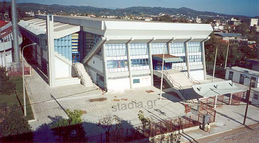 External view of the Pyrgos Indoor Hall (on the left lies the city stadium)